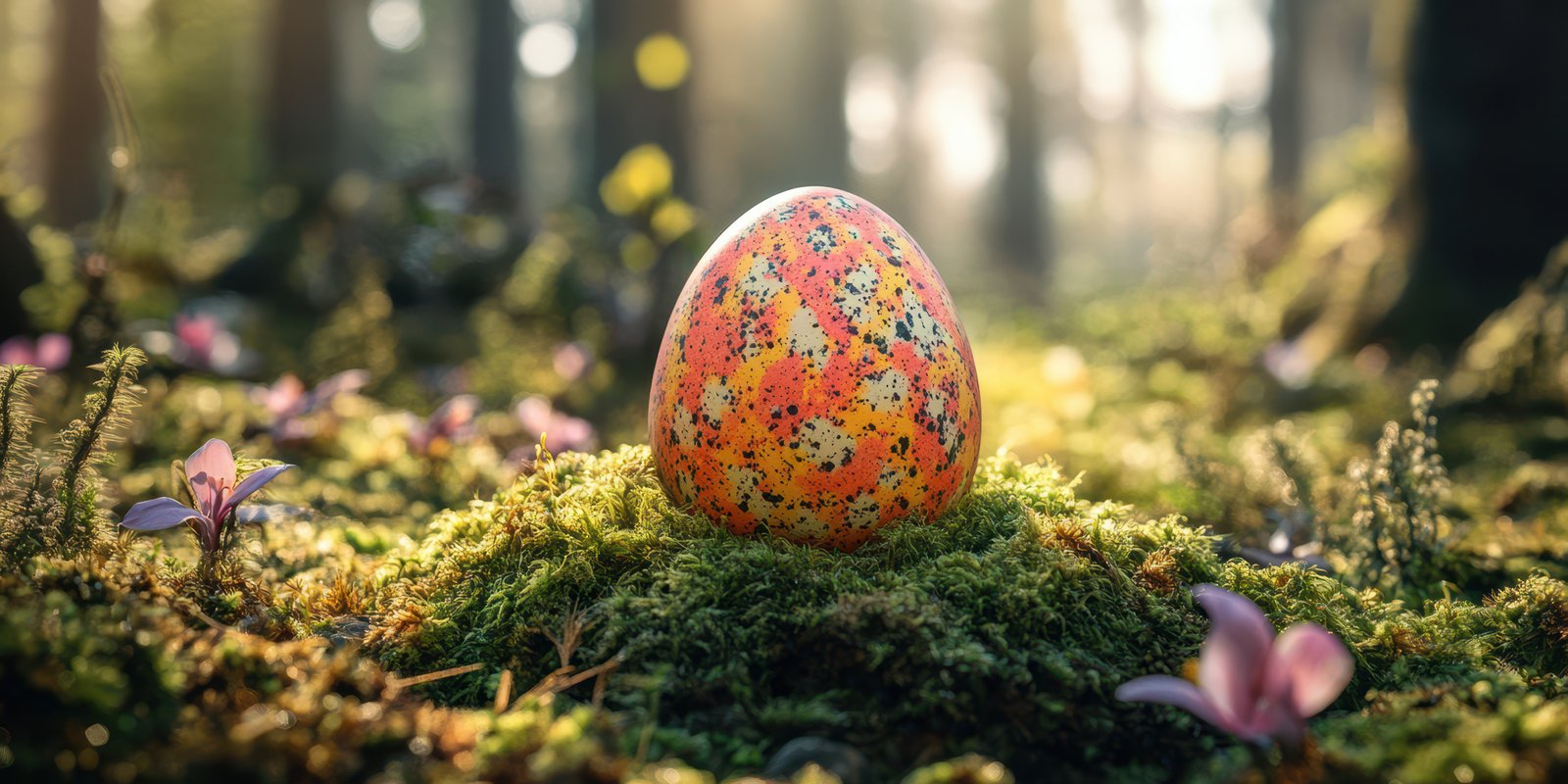 Colorful speckled egg resting on moss in a serene forest clearing during bright daylight